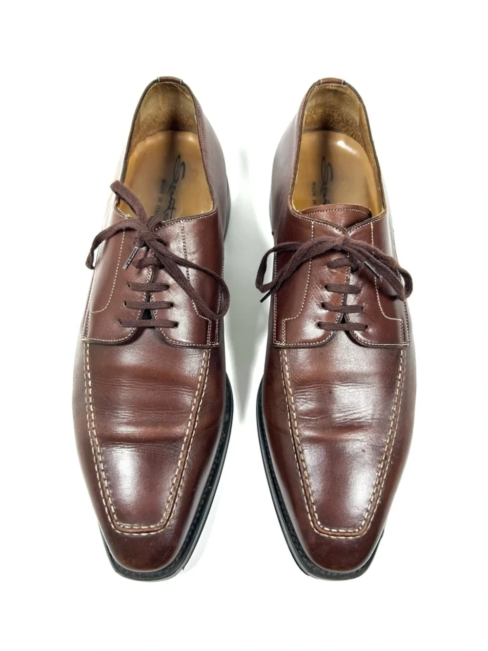 Santoni Brown Oxford Men’s 9.5 Pointed Square Toe Lace Up‎ Made in Italy Leather